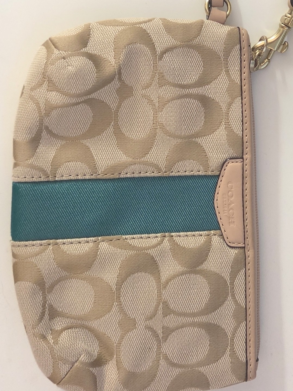 Coach Beige Signature Canvas Wristlet with Green Stripe
